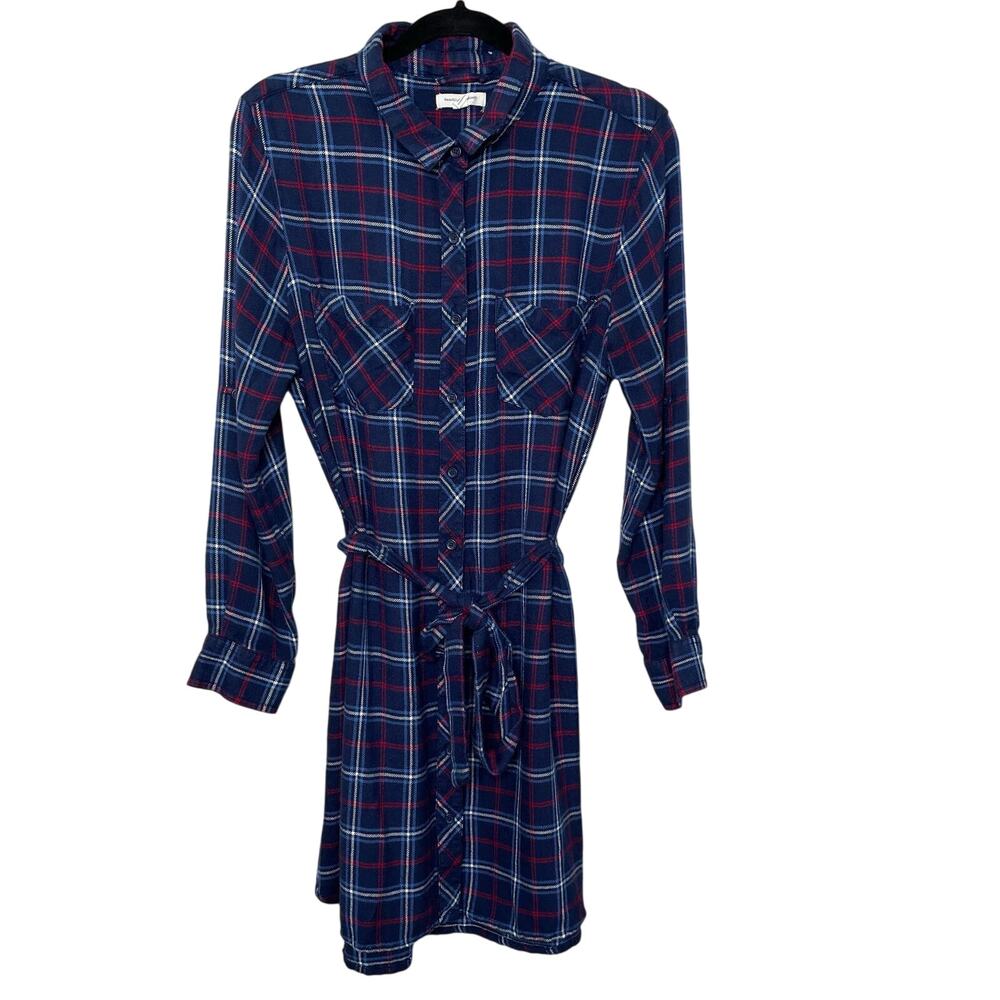 Beach Lunch Plaid Midi Dress Button Up Tie Waist‎ Long Roll Tab Sleeve Blue M